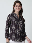 Coffee Brown Floral Printed Mandarin Collar Pure Cotton Top