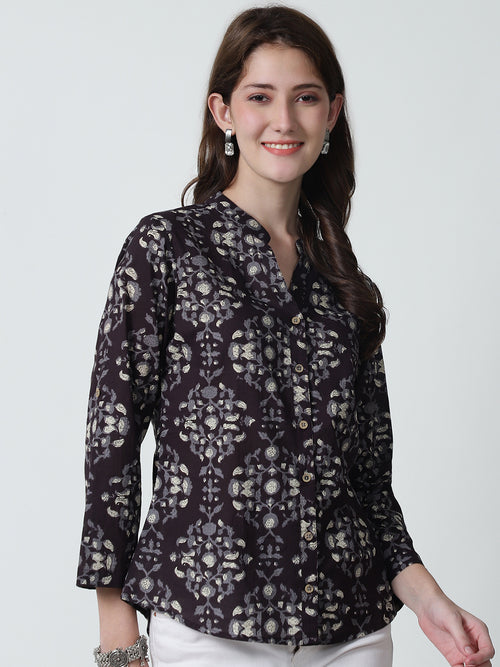 Coffee Brown Floral Printed Mandarin Collar Pure Cotton Top