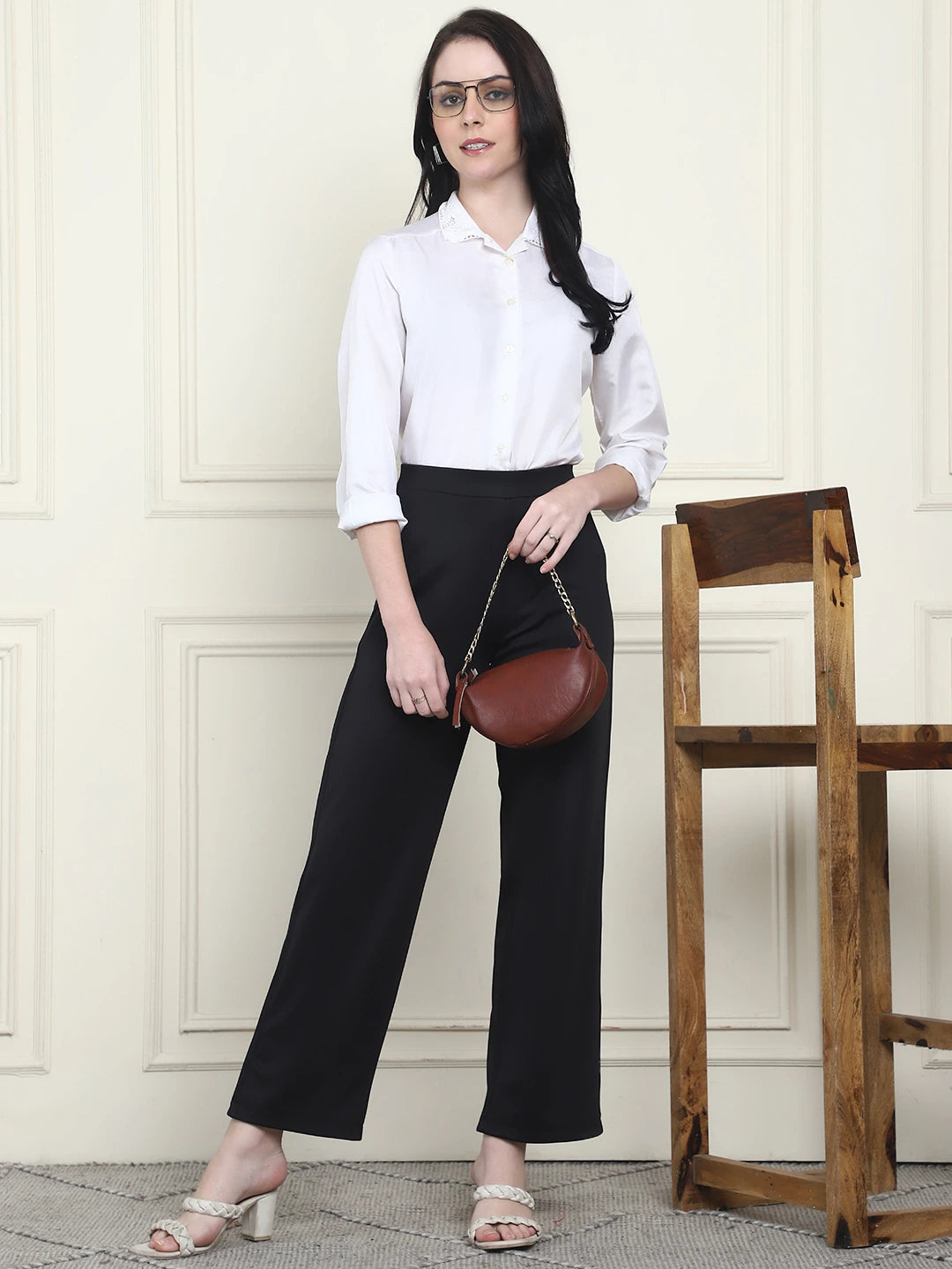 Frempy Women's High-Rise Relaxed Straight Leg Formal Trousers - Black