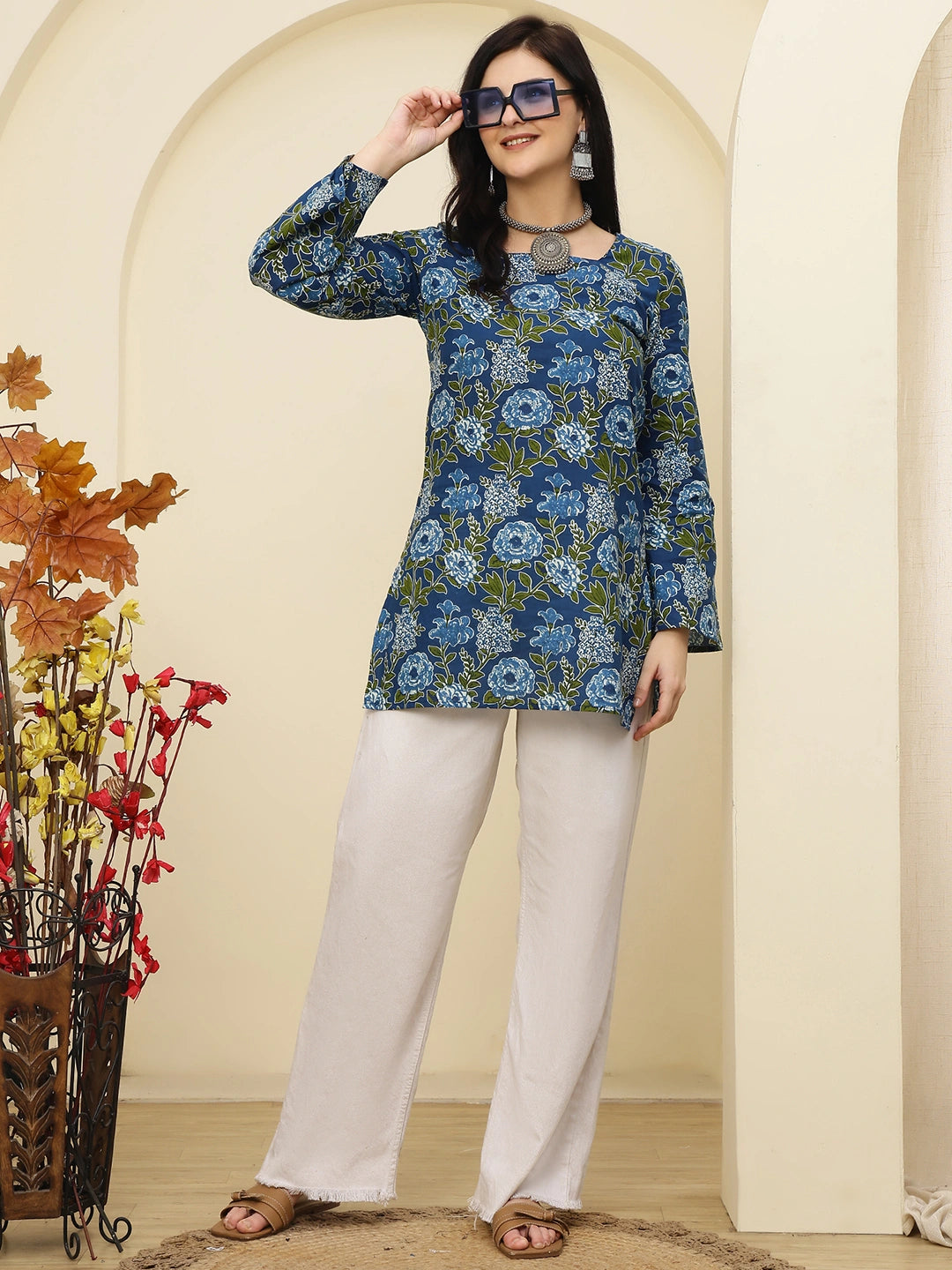 Teal Blue Floral Bell Sleeve Pure Cotton Short Kurti