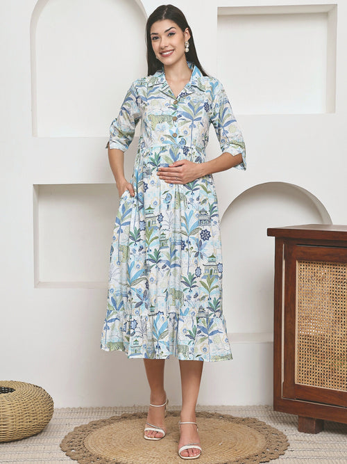 Frempy Women Fit and Flare Ligth Blue Floral Printed Maxi/Full Length Dress