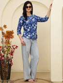 Navy Blue Floral Buttoned Mandarin Collar Cotton Top