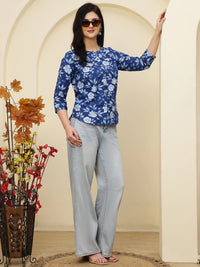Navy Blue Floral Buttoned Mandarin Collar Cotton Top