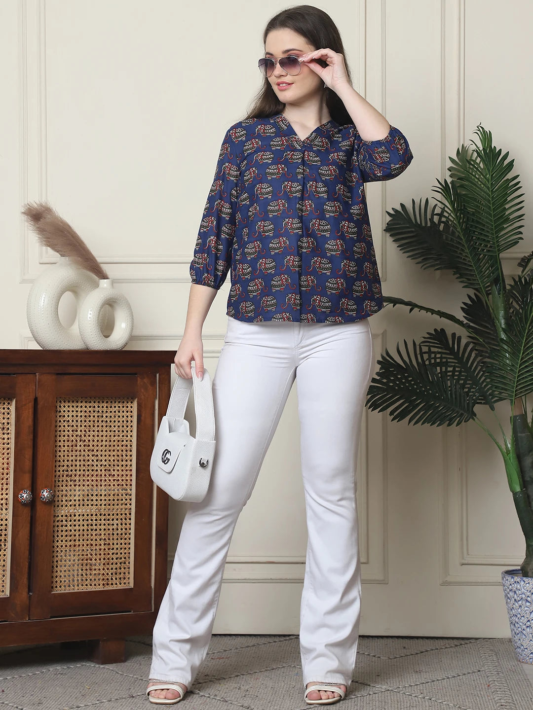 Frempy Women Navy Blue Elephant Printed Pure Cotton Top