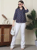 Frempy Women Navy Blue Elephant Printed Pure Cotton Top