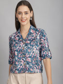 Blue Floral Printed Floral Pure Cotton Top