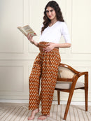 Frempy Rust Brown Floral Print Smocked Waist Pure Cotton Maternity Trousers