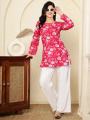 Pink Floral Printed A-Line Pure Cotton Short Kurti