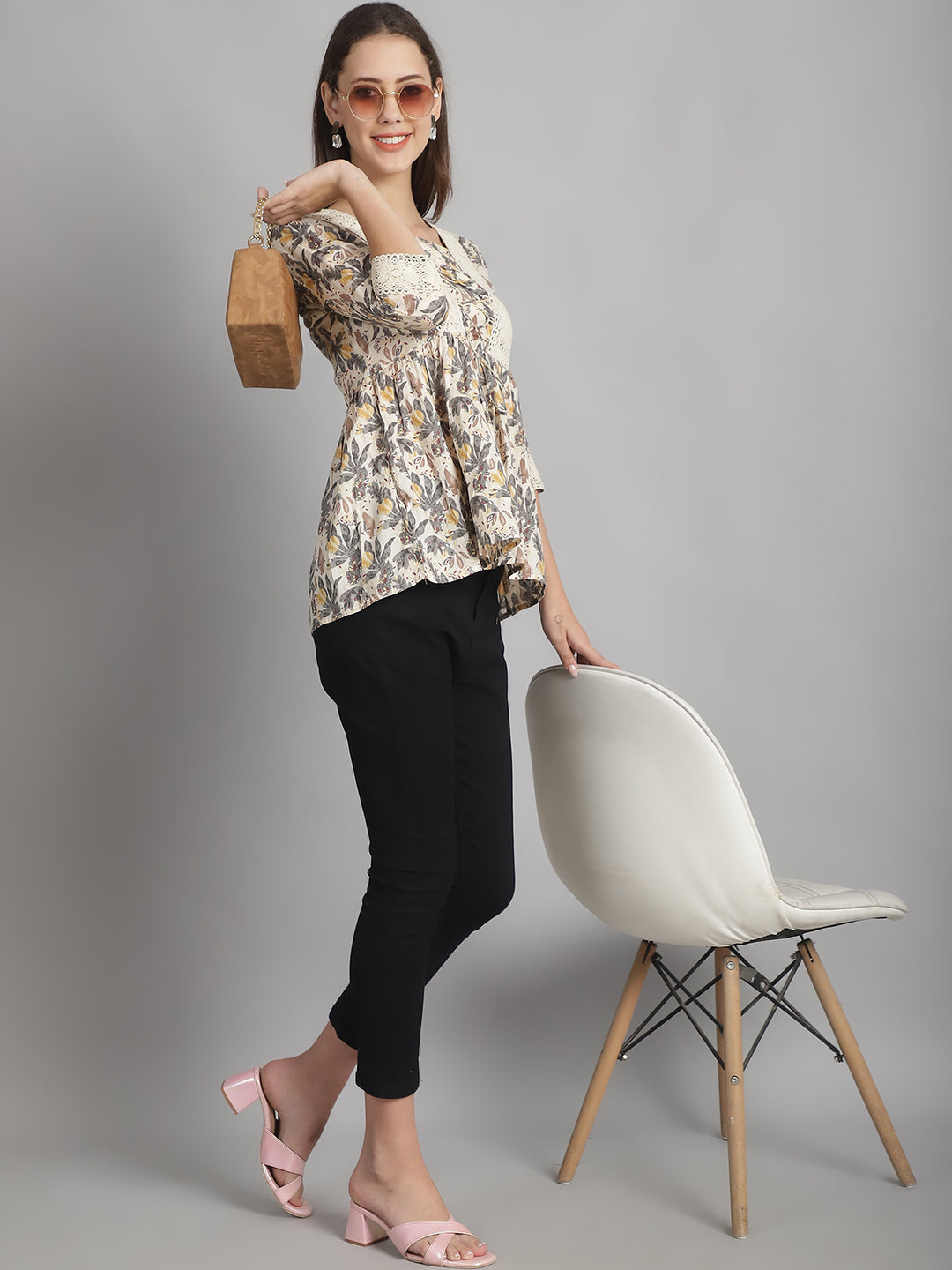 Off White Floral Printed Floral Pure Cotton Top