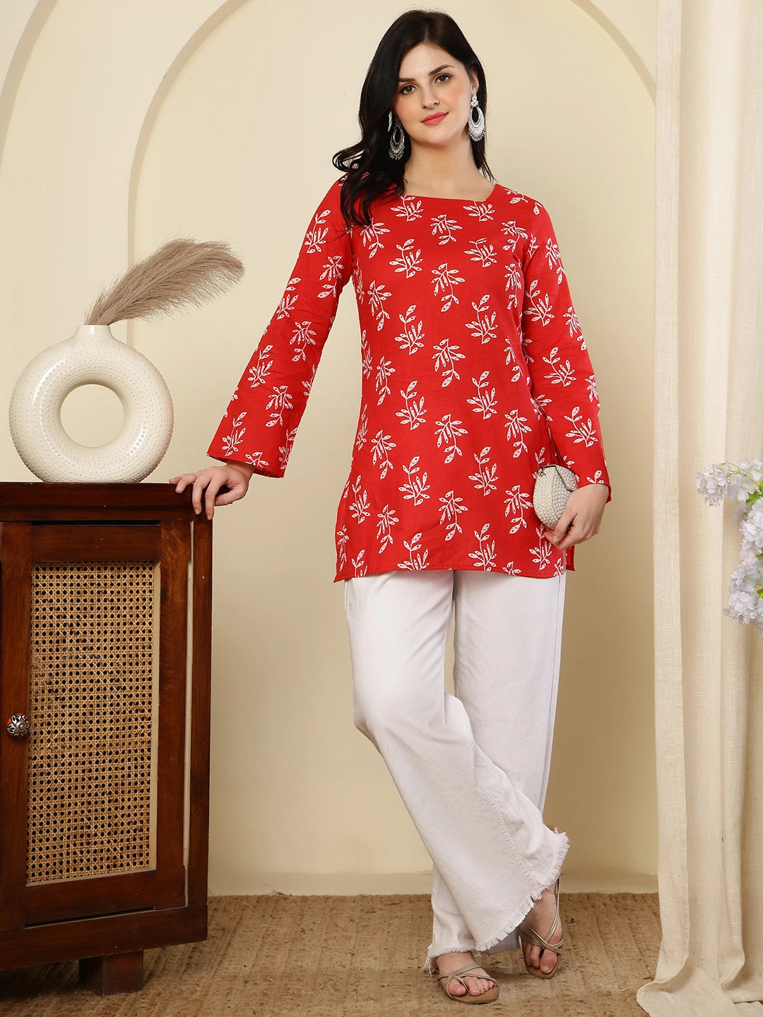 Red Leaf Printed  Lace-Up Back Pure Cotton Short Kurti
