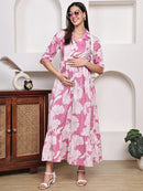 Frempy Women Fit and Flare Pink Floral Printed Maxi/Full Length Dress
