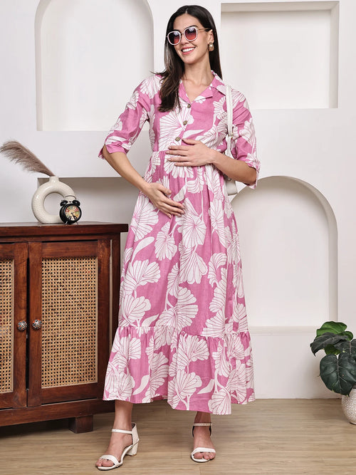 Frempy Women Fit and Flare Pink Floral Printed Maxi/Full Length Dress