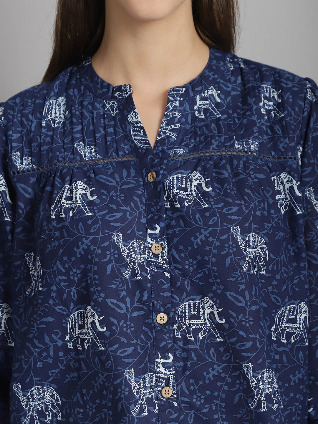 Frempy Women Navy Blue Animal Printed Pure Cotton Top