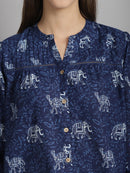 Frempy Women Navy Blue Animal Printed Pure Cotton Top