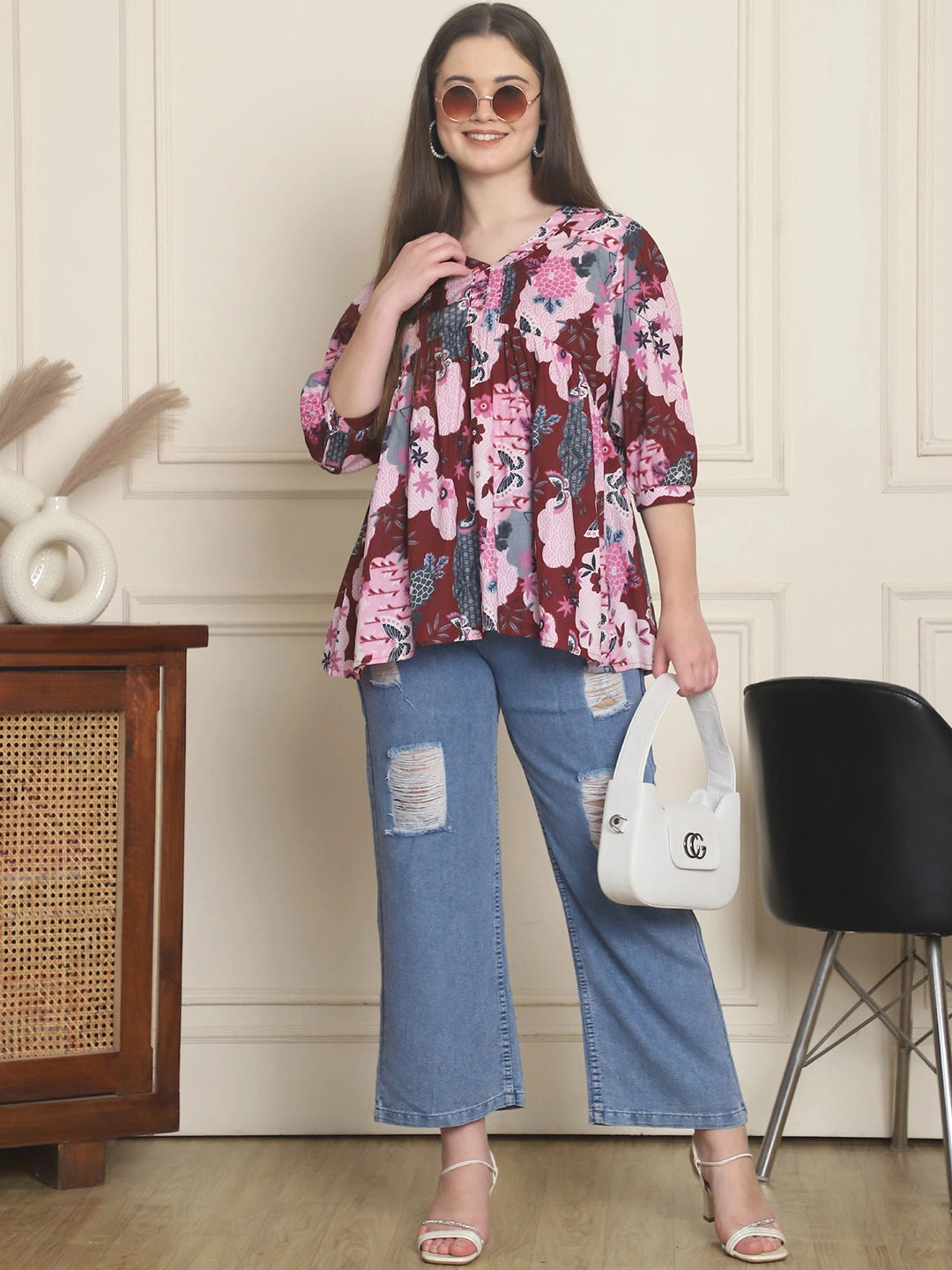 Frempy Women Maroon Printed Pure Cotton Top