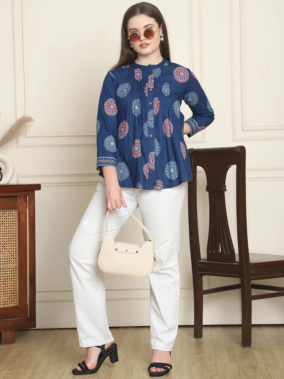 Frempy Women Navy Blue Mandala Floral Printed Pure Cotton Top