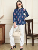 Frempy Women Navy Blue Mandala Floral Printed Pure Cotton Top