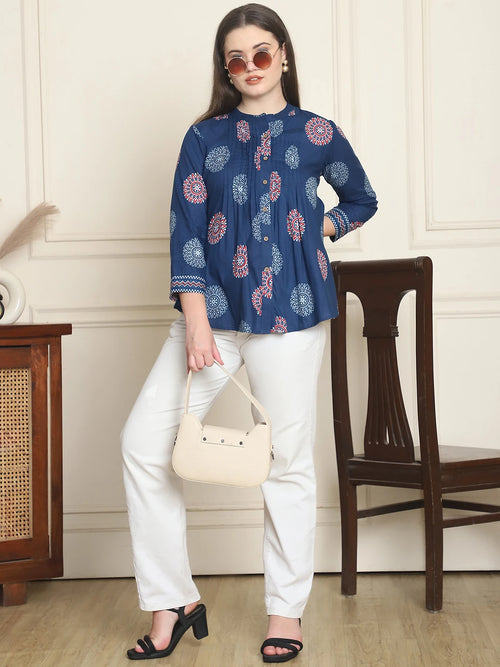 Frempy Women Navy Blue Mandala Floral Printed Pure Cotton Top