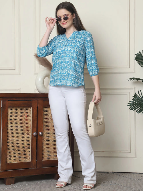Frempy Women Aqua Blue Floral Printed Pure Cotton Top
