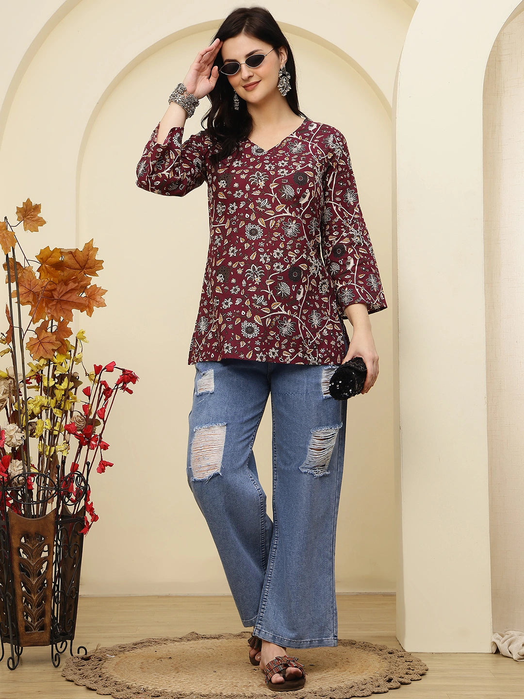 Maroon Floral Printed V-Neck Pure Cotton Short Kurti
