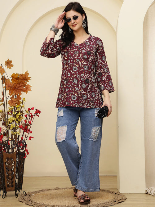 Maroon Floral Printed V-Neck Pure Cotton Short Kurti