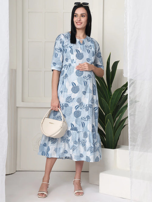 Frempy Women Light Blue Printed Maternity Dress