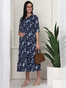 Frempy Women Navy Blue Floral Printed  Maternity Dress