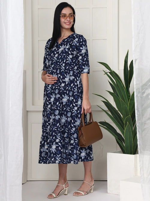 Frempy Women Navy Blue Floral Printed  Maternity Dress