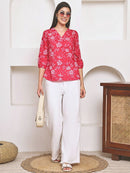 Frempy Women Pink Floral Printed Pure Cotton Top