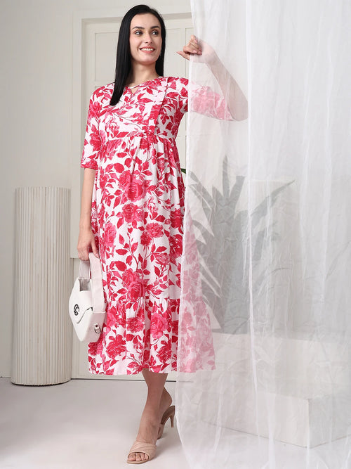 Frempy Women Pink Floral Printed Maternity Dress