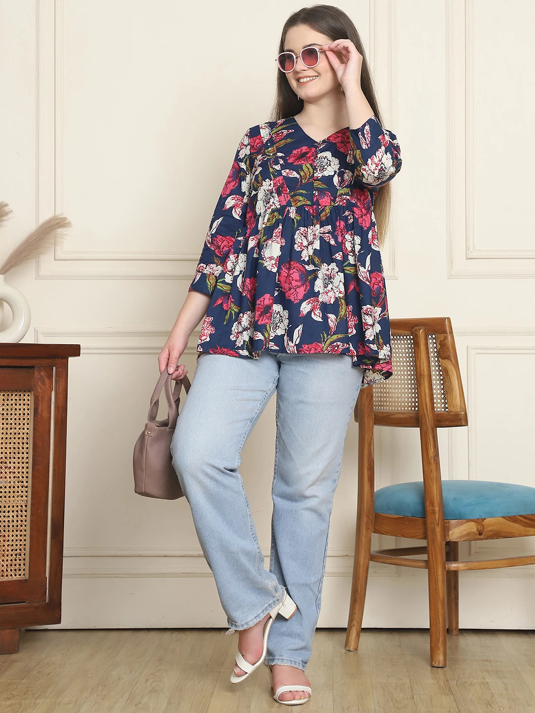 Frempy Women Navy & Pink Floral Pure Cotton Tops