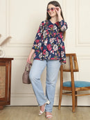 Frempy Women Navy & Pink Floral Pure Cotton Tops