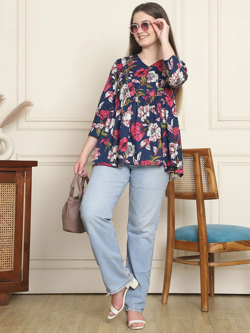 Frempy Women Navy & Pink Floral Pure Cotton Tops