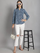 Navy Blue Floral Printed Pure Cotton Top