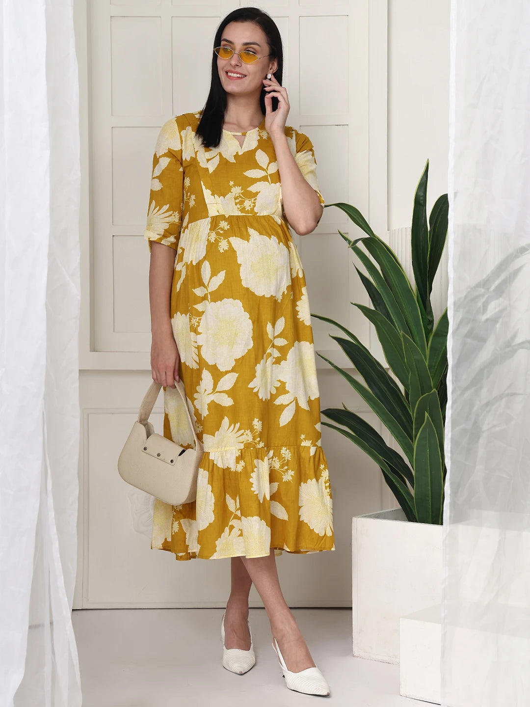 Frempy Women Yellow Floral Printed  Maternity Dress
