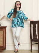 Frempy Women Teal Printed Pure Cotton Top