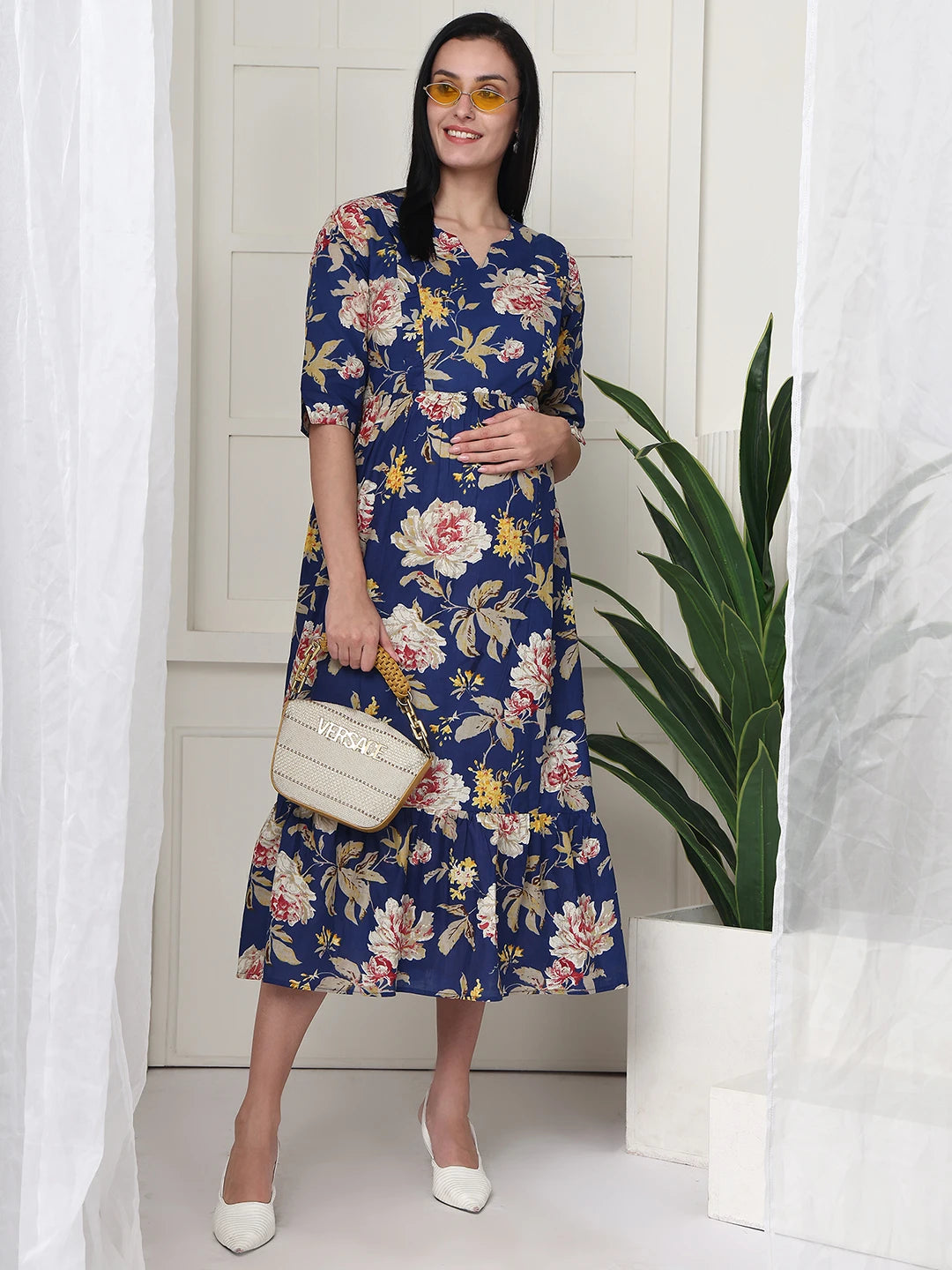Frempy Women Navy Blue Floral Printed  Maternity Dress