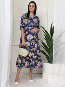 Frempy Women Navy Blue Floral Printed  Maternity Dress