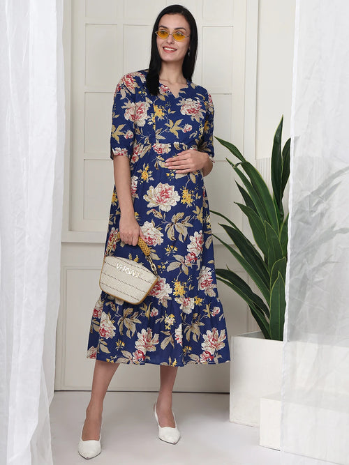 Frempy Women Navy Blue Floral Printed  Maternity Dress
