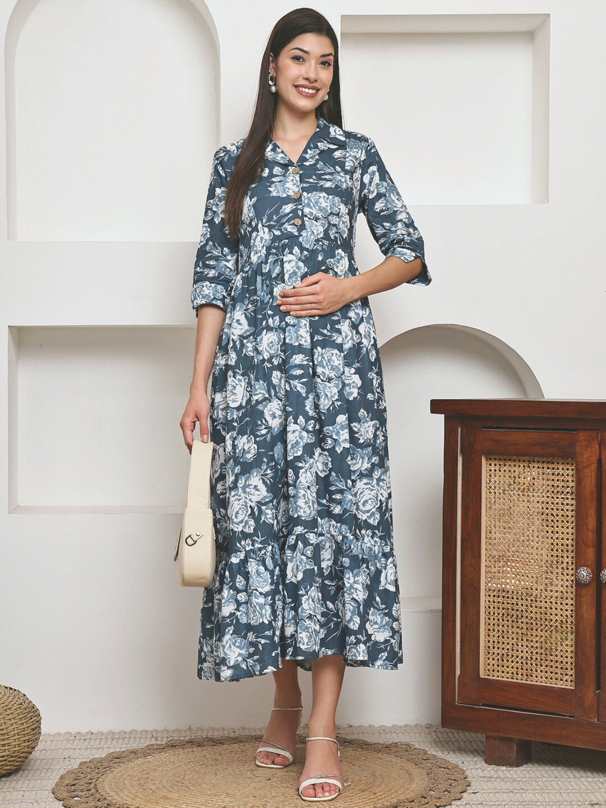 Frempy Women Fit and Flare Soft Blue Floral Printed Maxi/Full Length Dress