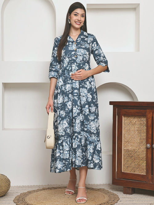 Frempy Women Fit and Flare Soft Blue Floral Printed Maxi/Full Length Dress