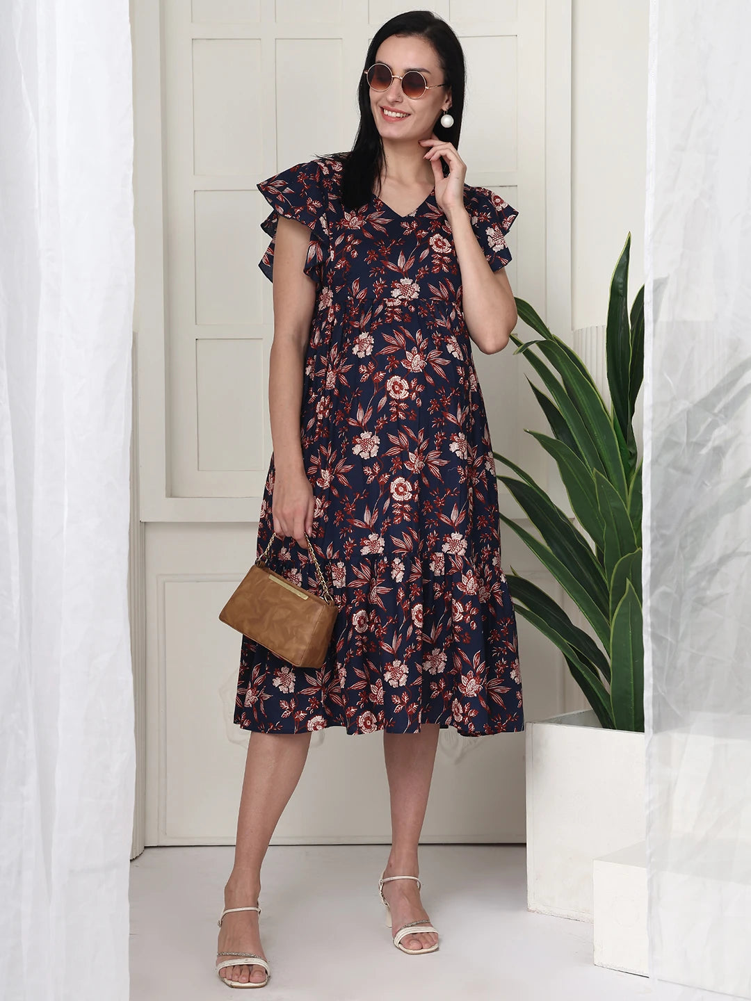 Frempy Women Fit and Flare Navy & Brown Floral Printed Midi Dress