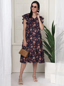 Frempy Women Fit and Flare Navy & Brown Floral Printed Midi Dress