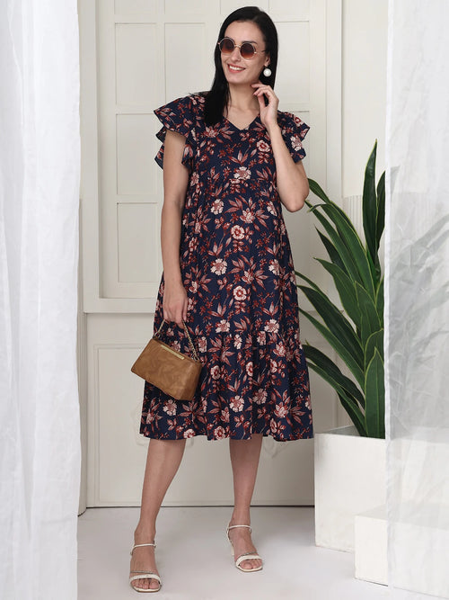 Frempy Women Fit and Flare Navy & Brown Floral Printed Midi Dress