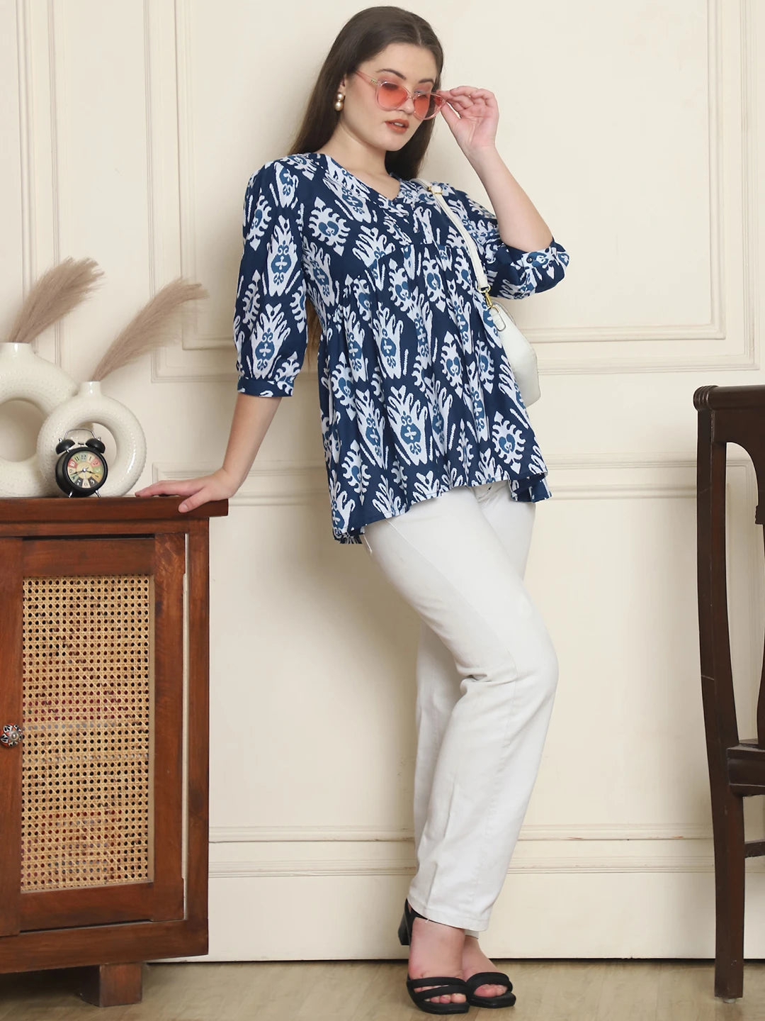 Frempy Women Blue Ikat Motif Pure Cotton Tops