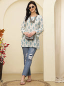 Ivory Blue Ethnic Motifs Printed Lace-Up Back Pure Cotton Short Kurti
