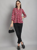 Burgundy Floral Printed Floral Pure Cotton Top