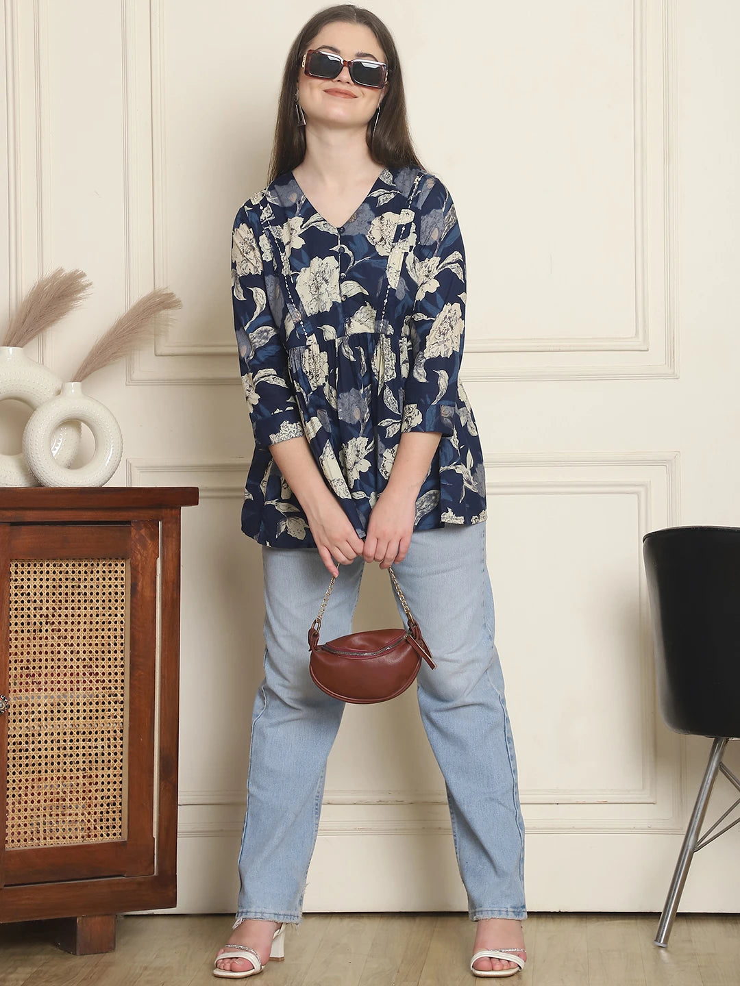 Frempy Women Navy Blue Floral Pure Cotton Tops