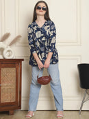 Frempy Women Navy Blue Floral Pure Cotton Tops