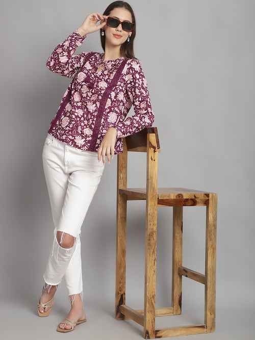 Magenta Floral Printed Floral Pure Cotton Top